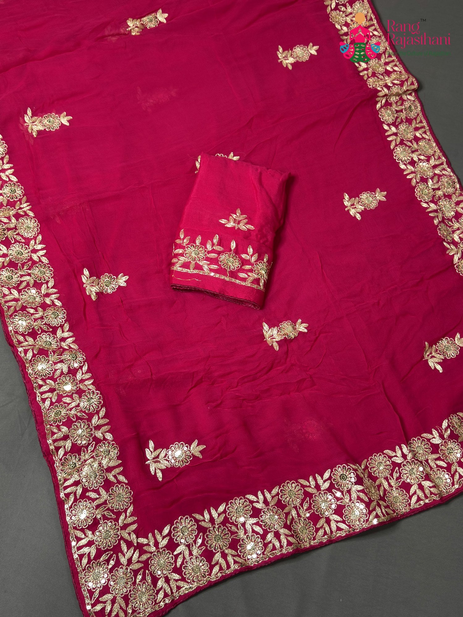 Rani Chiffon Zari Embroidery Saree for Mehendi Ceremony | Style Edit
