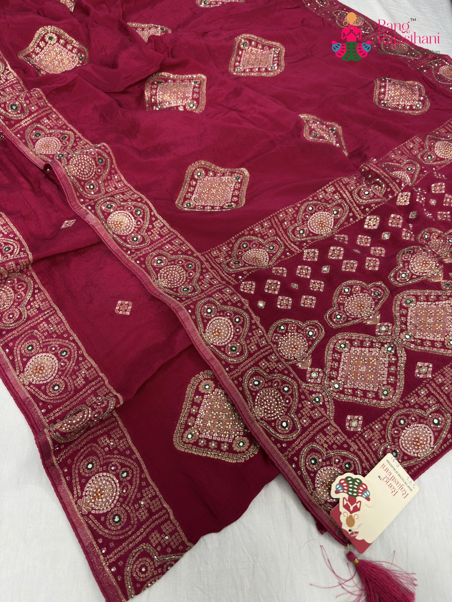 complete look of rani chinnon hand embellishment saree