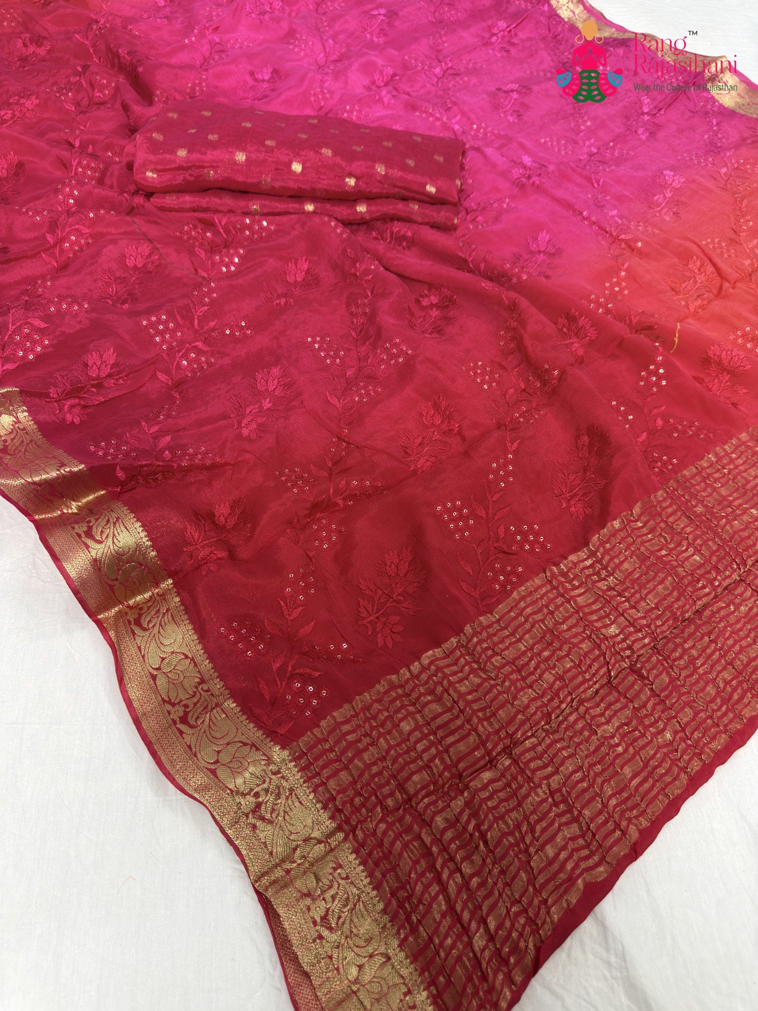 pallu detailing of rani chinnon resham embroidery saree