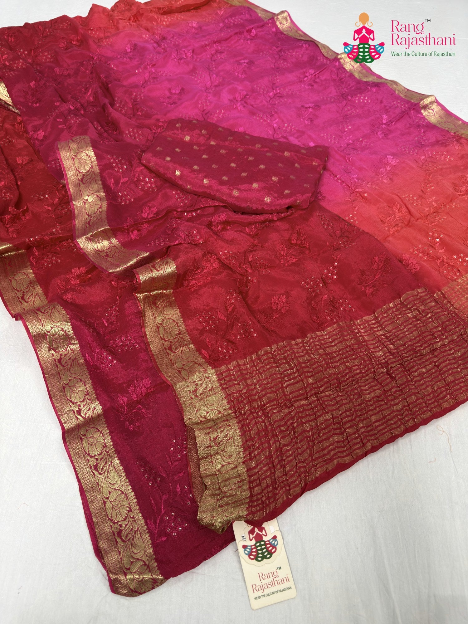 complete look of rani chinnon resham embroidery saree