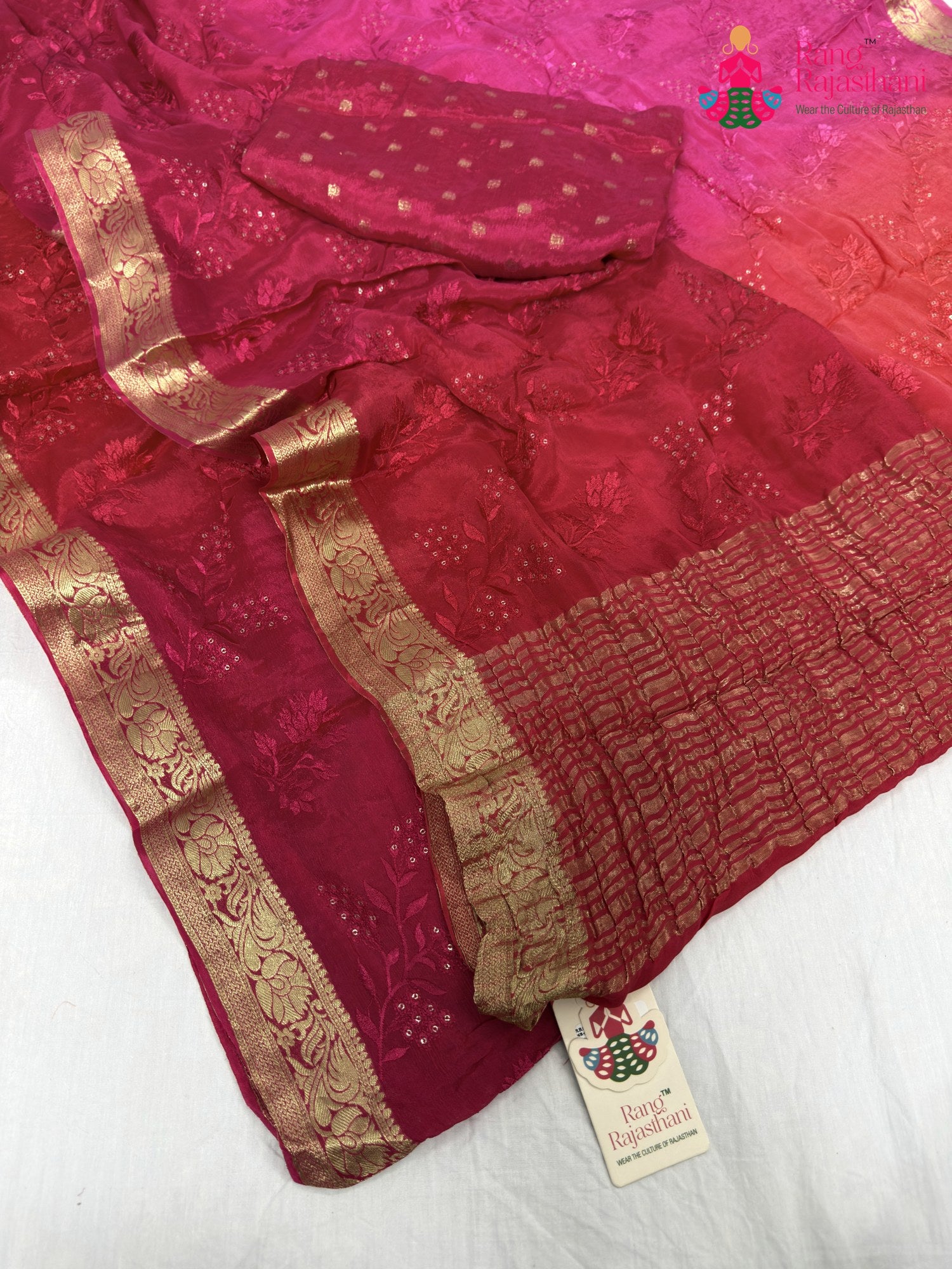 border detailing of rani chinnon resham embroidery saree