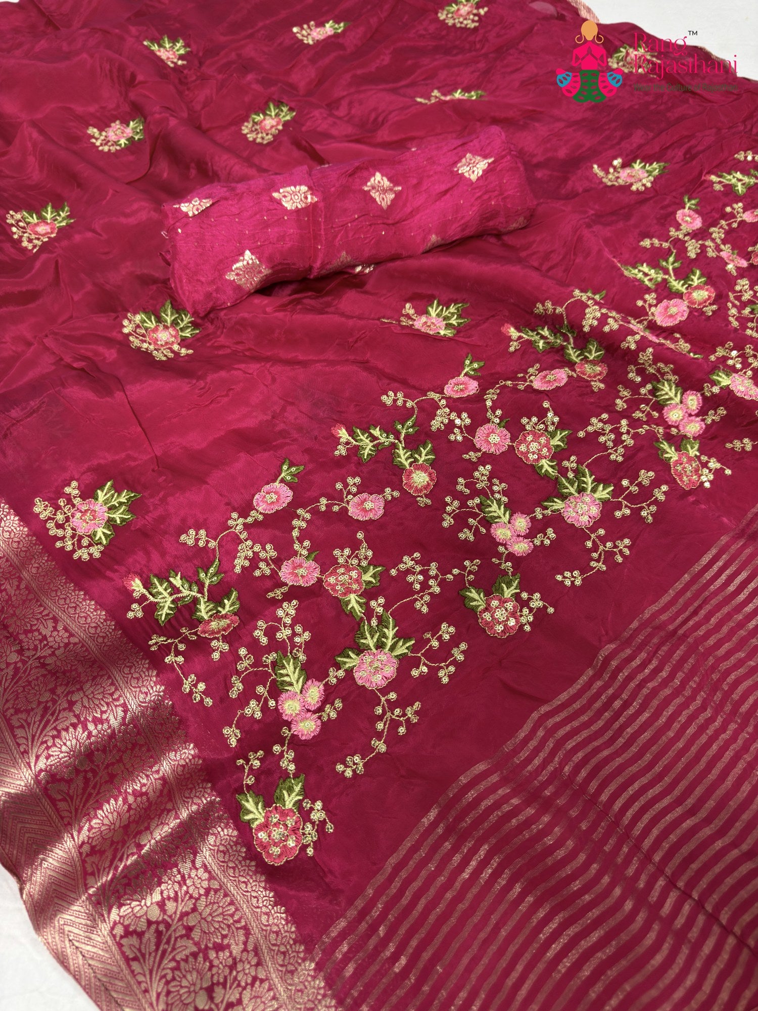 complete look of rani chinnon resham embroidery saree