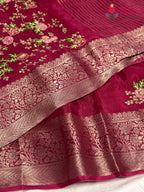 close up view of rani chinnon resham embroidery saree