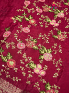 pallu detailing of rani chinnon resham embroidery saree