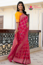 Rani Dola Silk saree with Ghatchola Bandhani side drape view