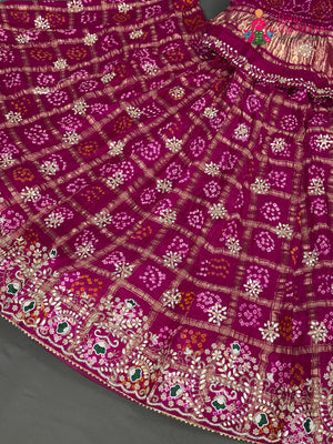Rani Pure Gaji Silk Hand Tie Dye Bandhani Gharchola Lehenga Chunni for Wedding Reception | Designer Collection
