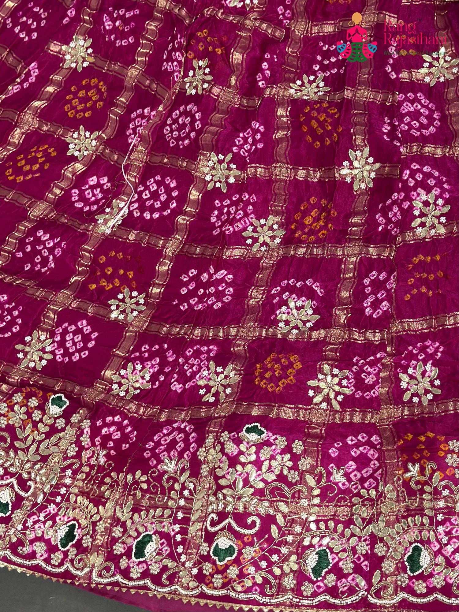 chunni detail of rani gajji silk bandhani lehenga chunni