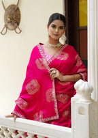 Rani Silk saree with Hand Work close up detailing