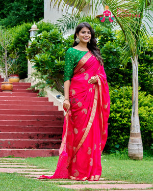 Rani Chinnon Zari Embroidery Saree for Wedding Guest | Wedding Saree