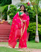 Rani Chinon saree with Zari Work and Banarasi Border side drape view