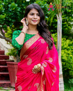 Rani Chinon saree with Zari Work and Banarasi Border close up detailing