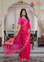 Rani Fandy saree with Pita and Figure Work close up detailing