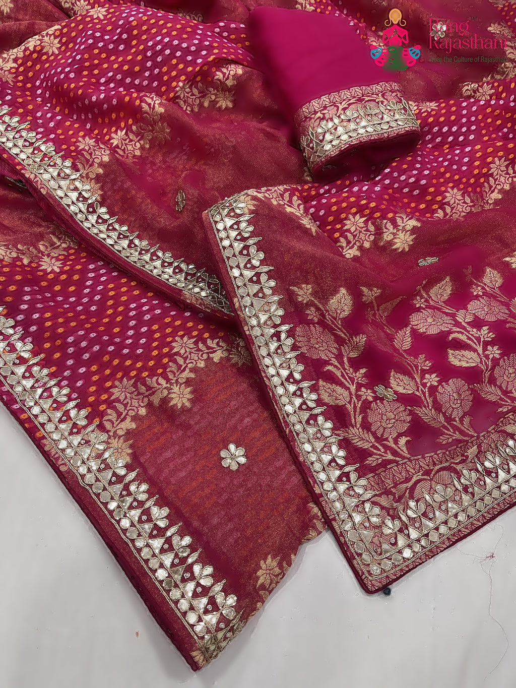 close up detailing of rani khaddi gota patti saree 