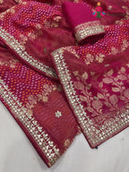 close up detailing of rani khaddi gota patti saree 