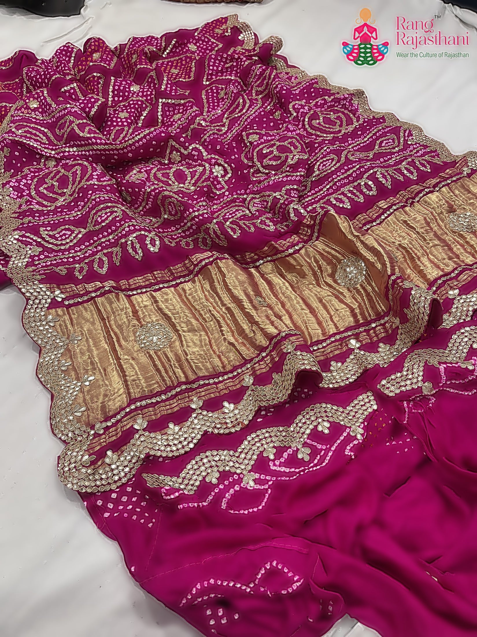 Rani Pink Pure Gaji Silk Gota Patti Work Saree : Gentle Flow