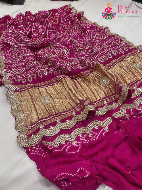 Rani Pink Pure Gaji Silk Gota Patti Work Saree : Gentle Flow main-image