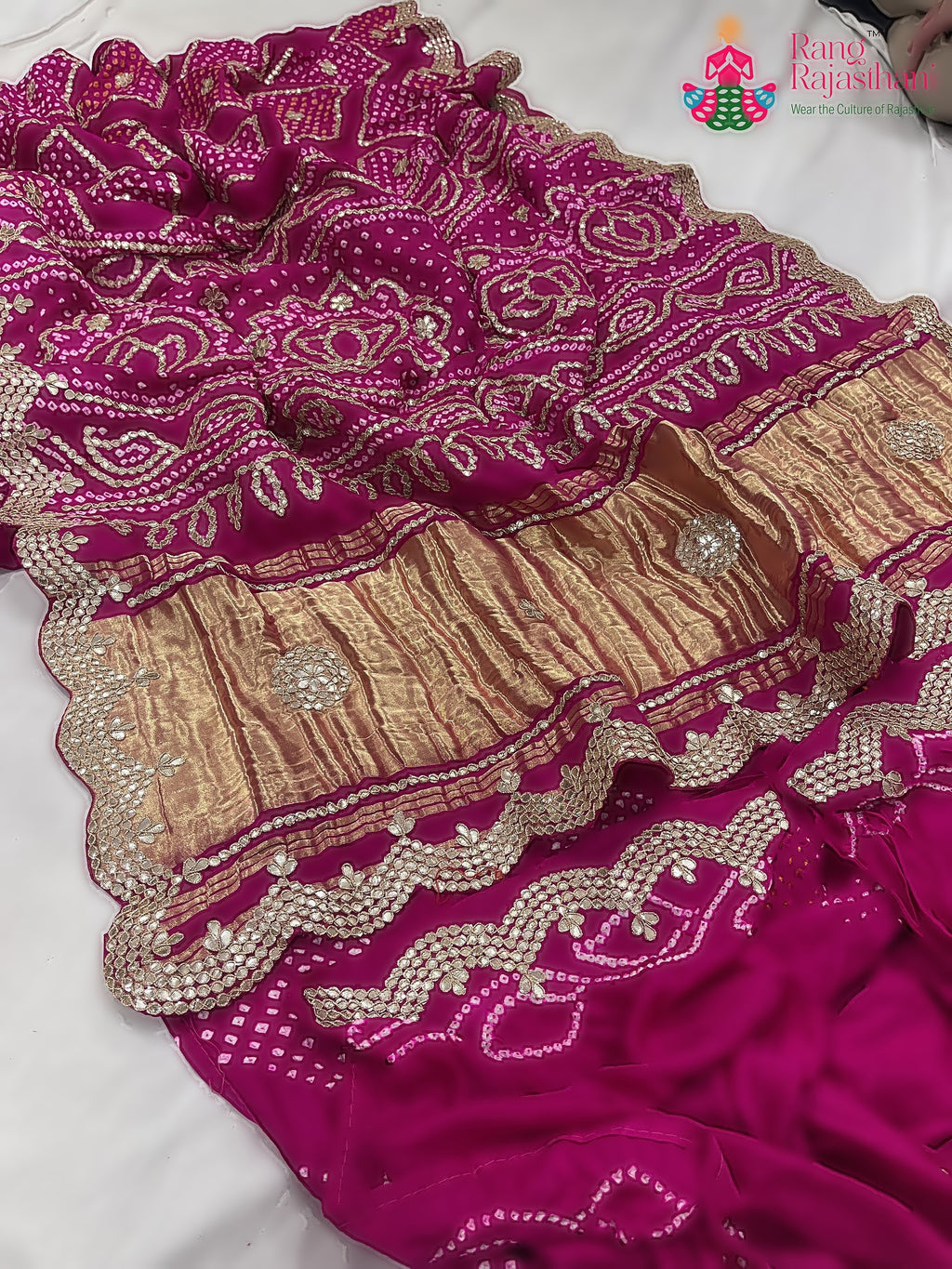 Rani Pink Pure Gaji Silk Gota Patti Work Saree : Gentle Flow