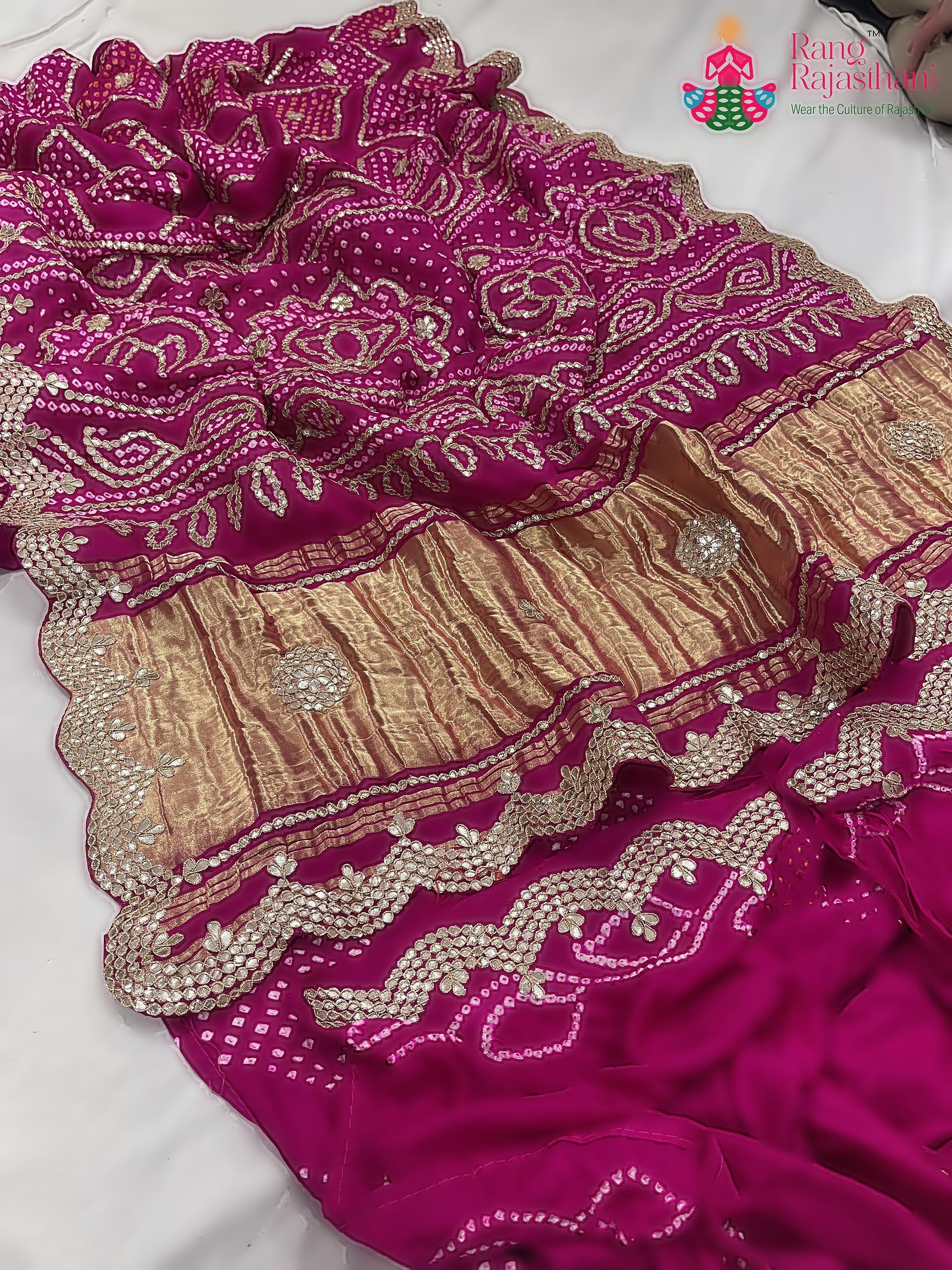 Rani Pink Pure Gaji Silk Gota Patti Work Saree : Gentle Flow