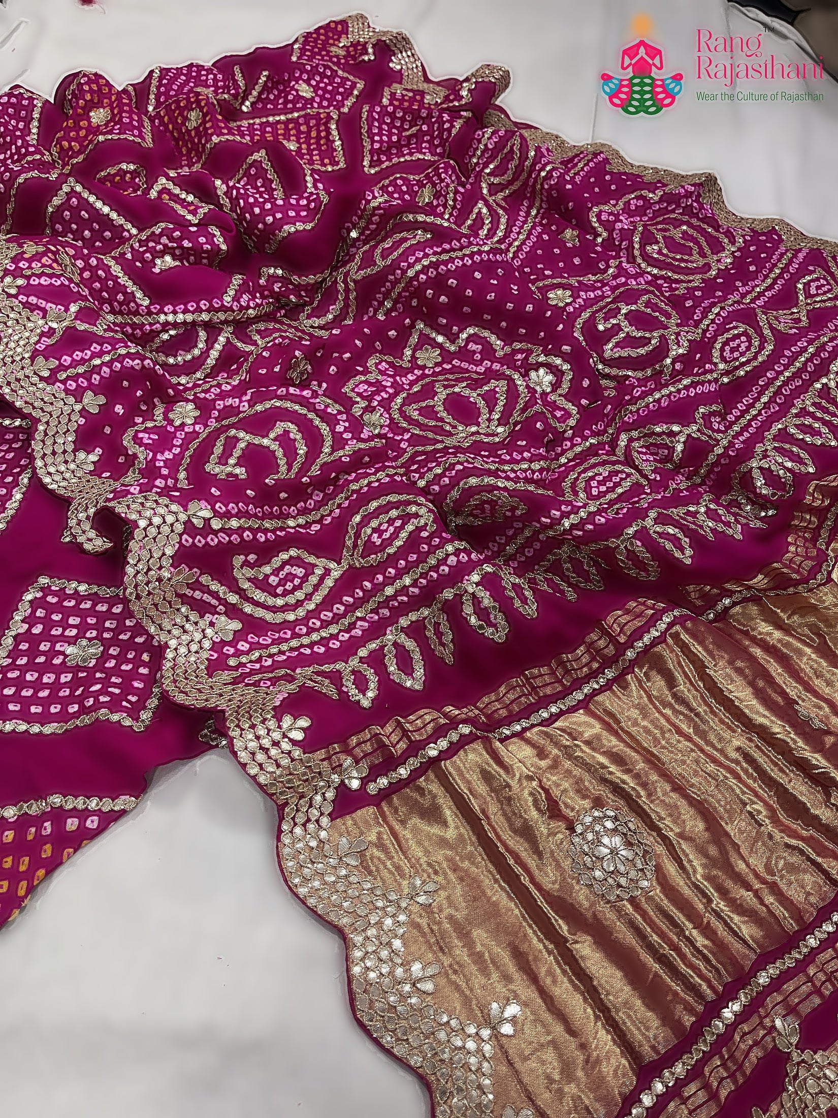 Rani Pink Pure Gaji Silk Gota Patti Work Saree : Gentle Flow