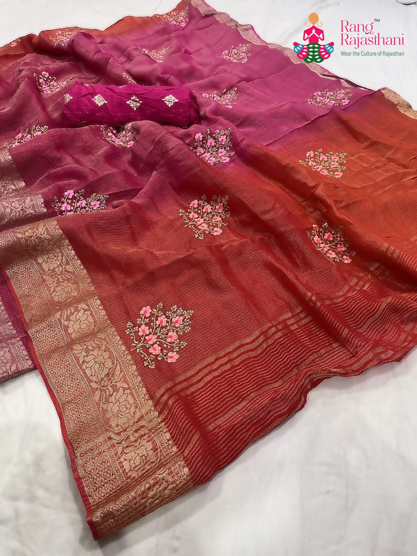 complete look of rani pure kora silk resham embroidery saree 