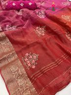 close up detailing of rani pure kora silk resham embroidery saree 
