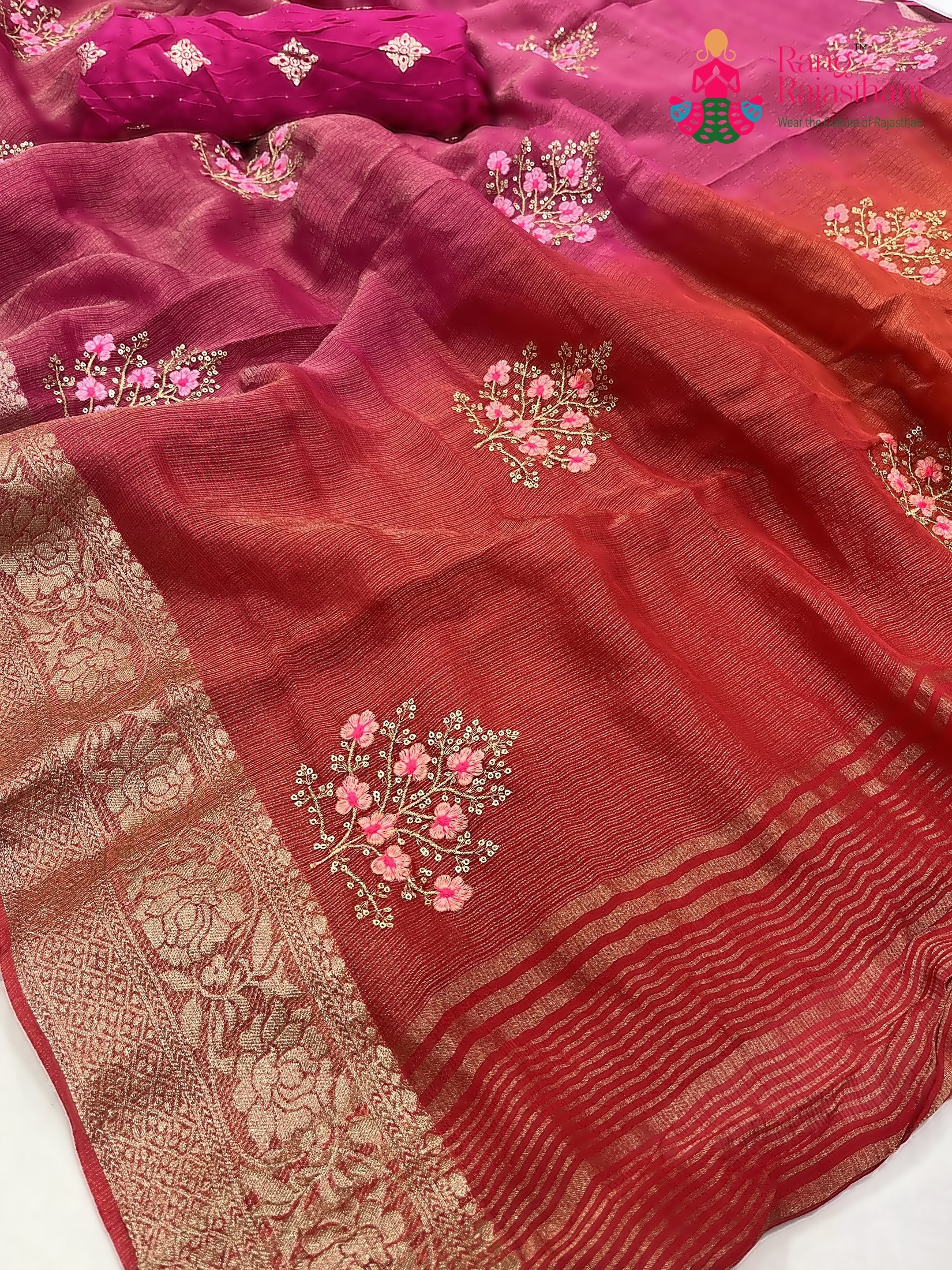 close up detailing of rani pure kora silk resham embroidery saree 