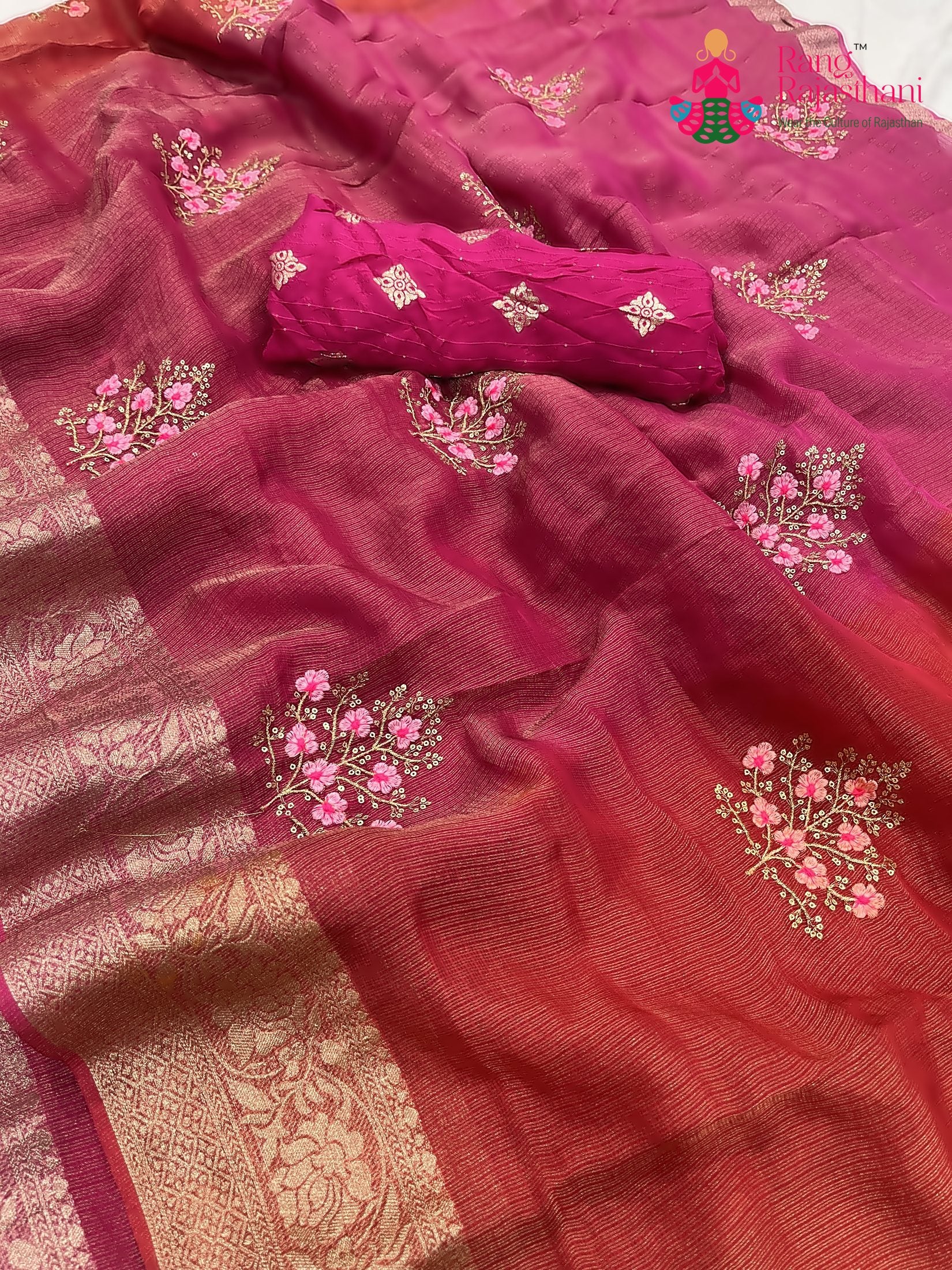 rani pure kora silk resham embroidery saree for diwali by Rang Rajasthani