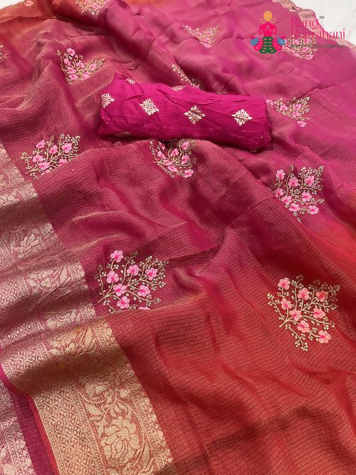 Rani Pink Pure Kora Silk Resham Embroidery Saree : Soft Charm main-image