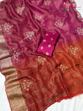 pallu detailing of rani pure kora silk resham embroidery saree