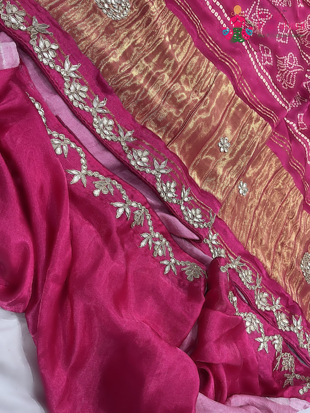 close up detailing of rani pure modal silk gota patti saree 