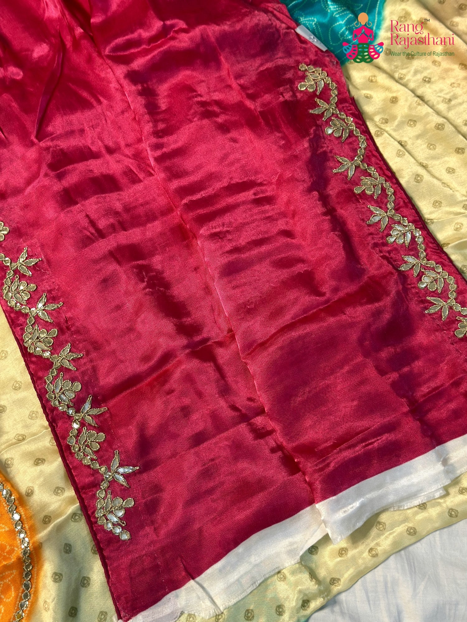 intricate detail of rani pure modal silk gota patti saree