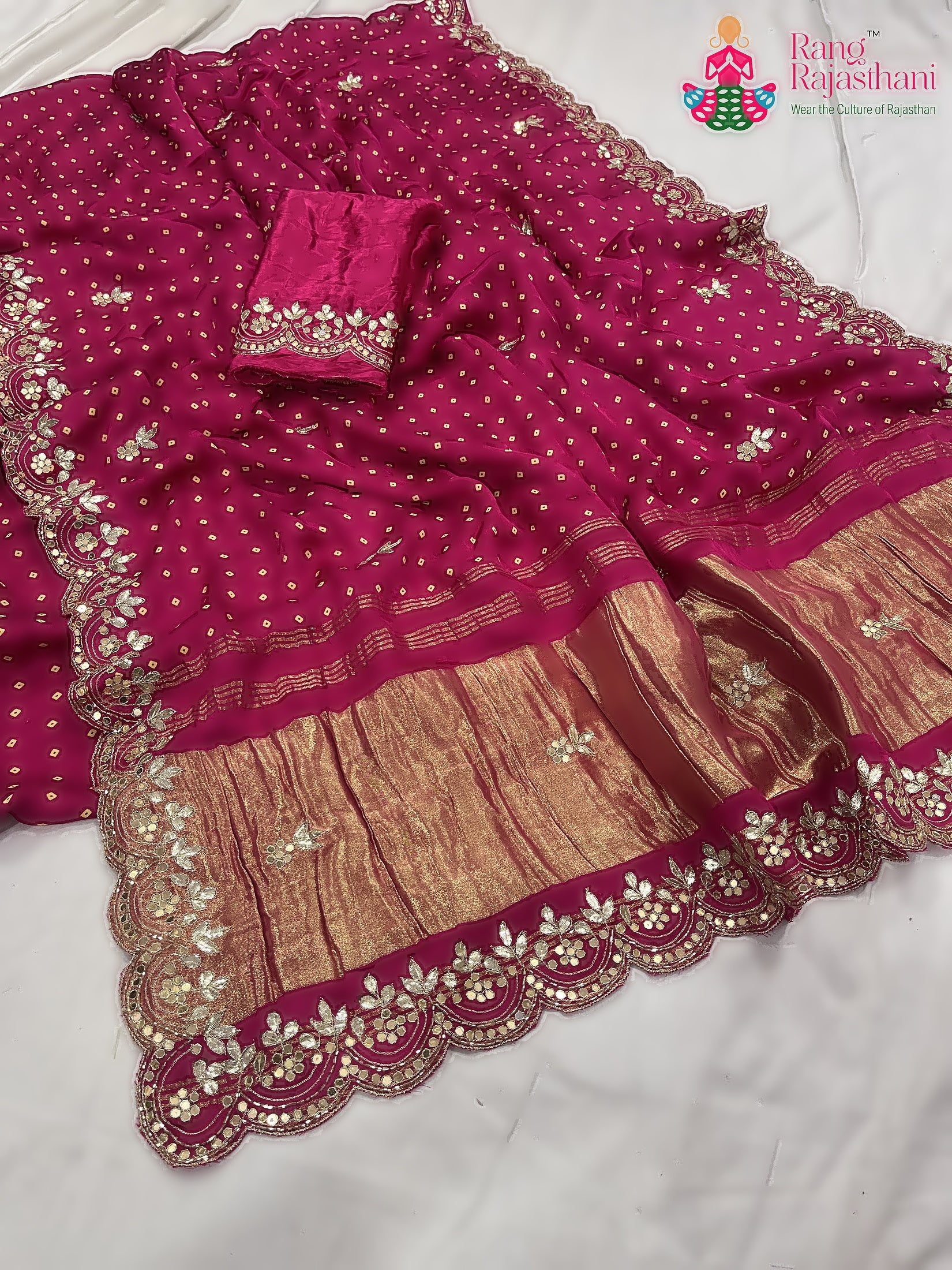 Rani Pink Pure Modal Silk Mirror Work Saree : Bright Charm