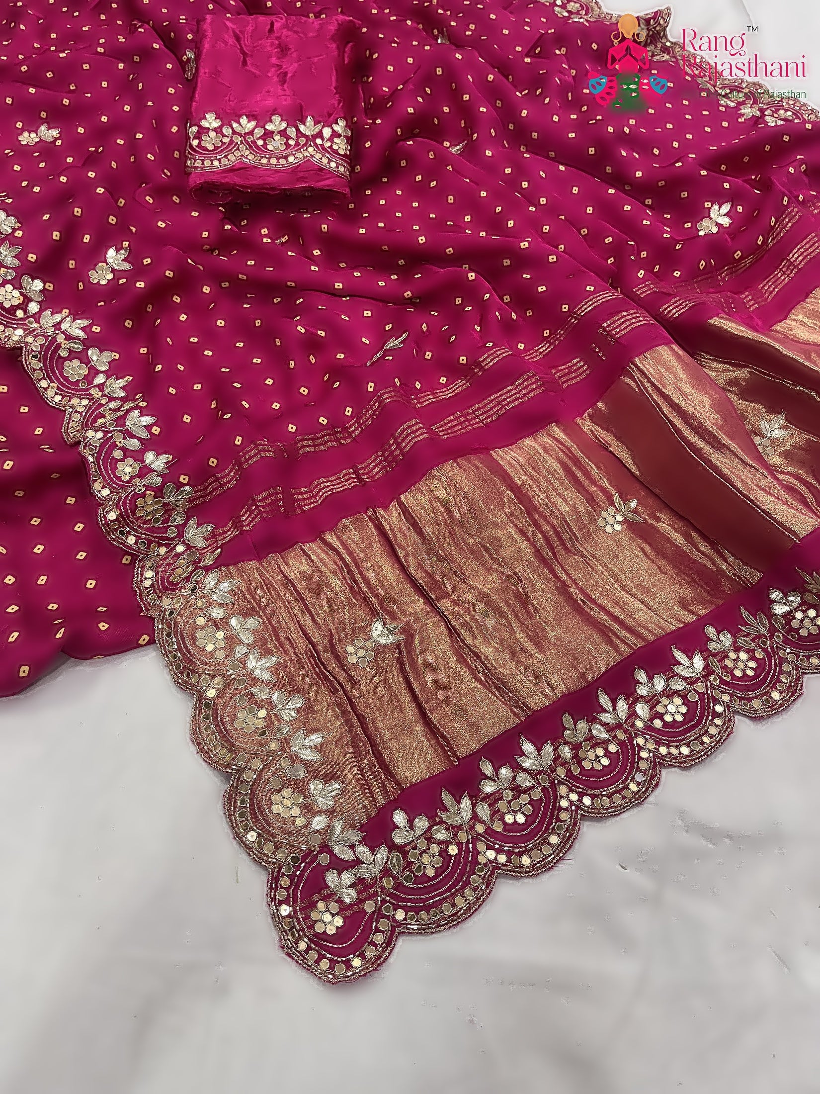 Rani Pink Pure Modal Silk Mirror Work Saree : Bright Charm