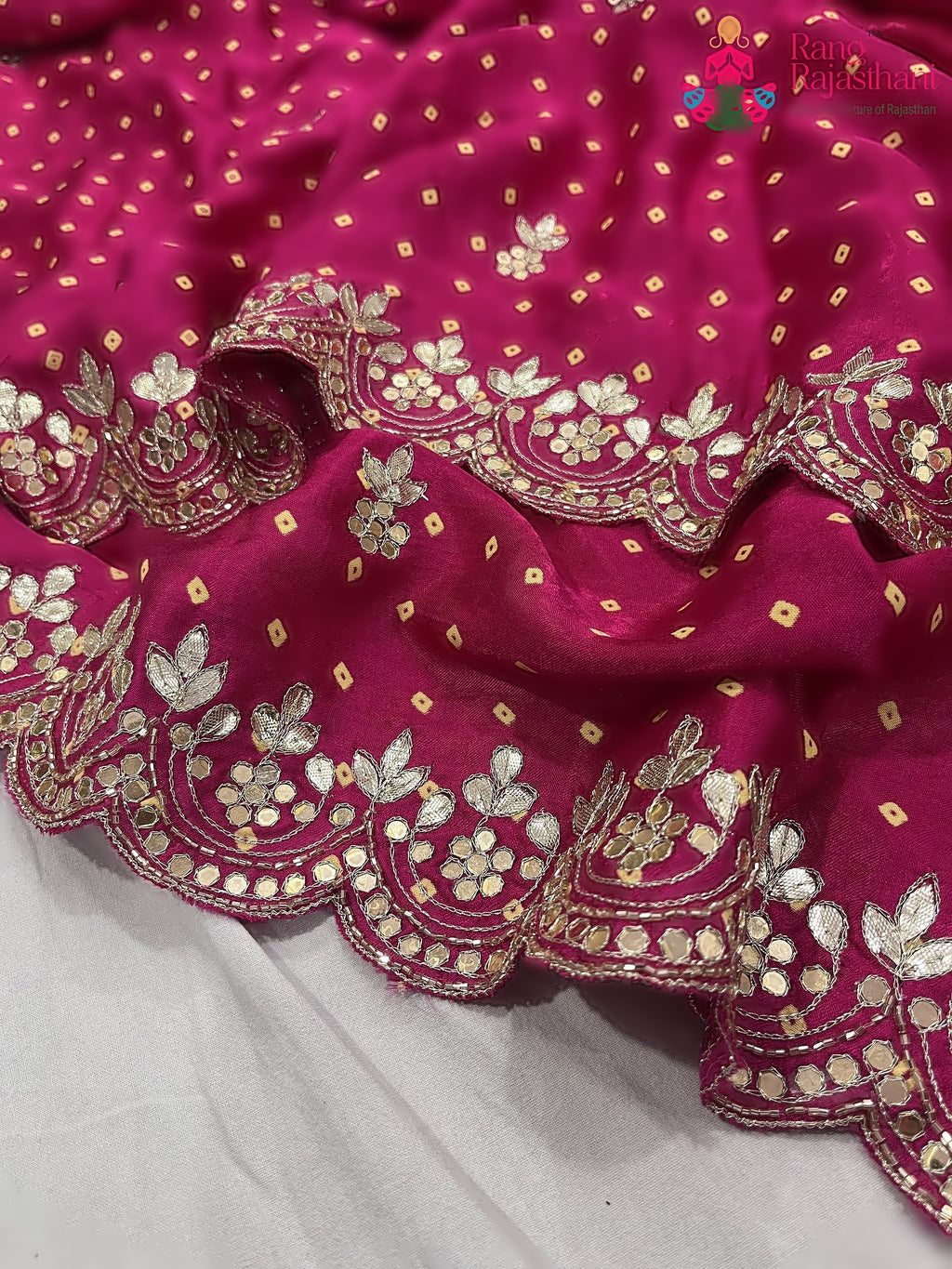 close up detailing of rani pure modal silk mirror saree 