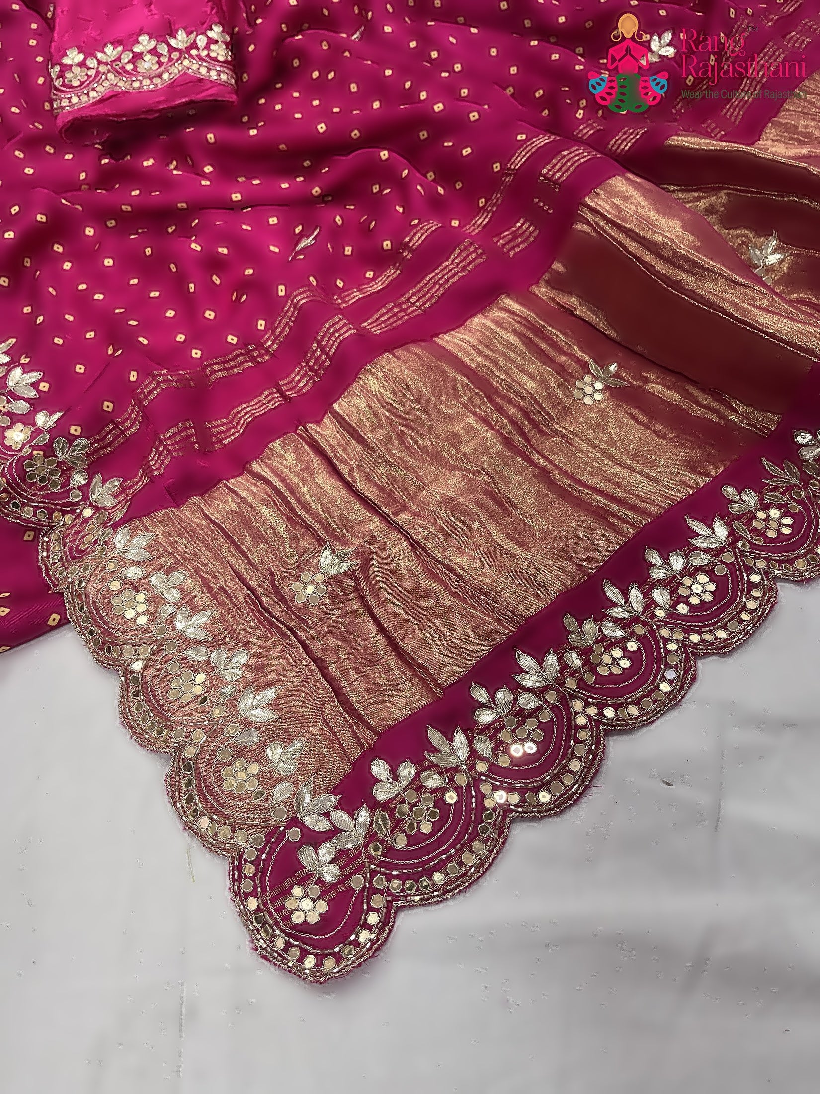 Rani Pink Pure Modal Silk Mirror Work Saree : Bright Charm