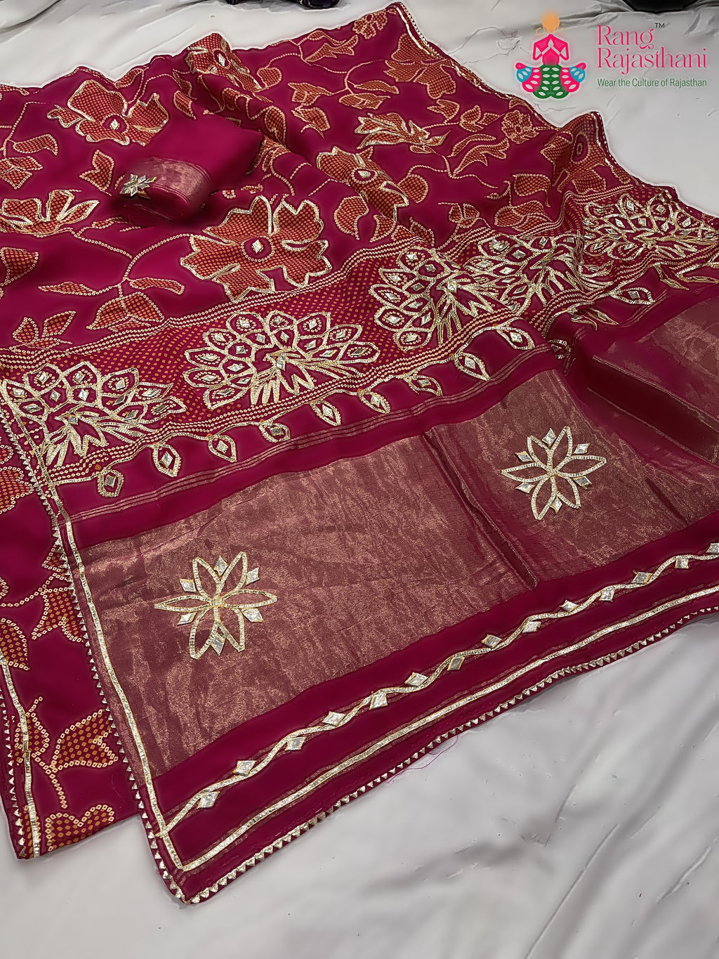fabric texture of rani pure Russian silk bandhani saree 