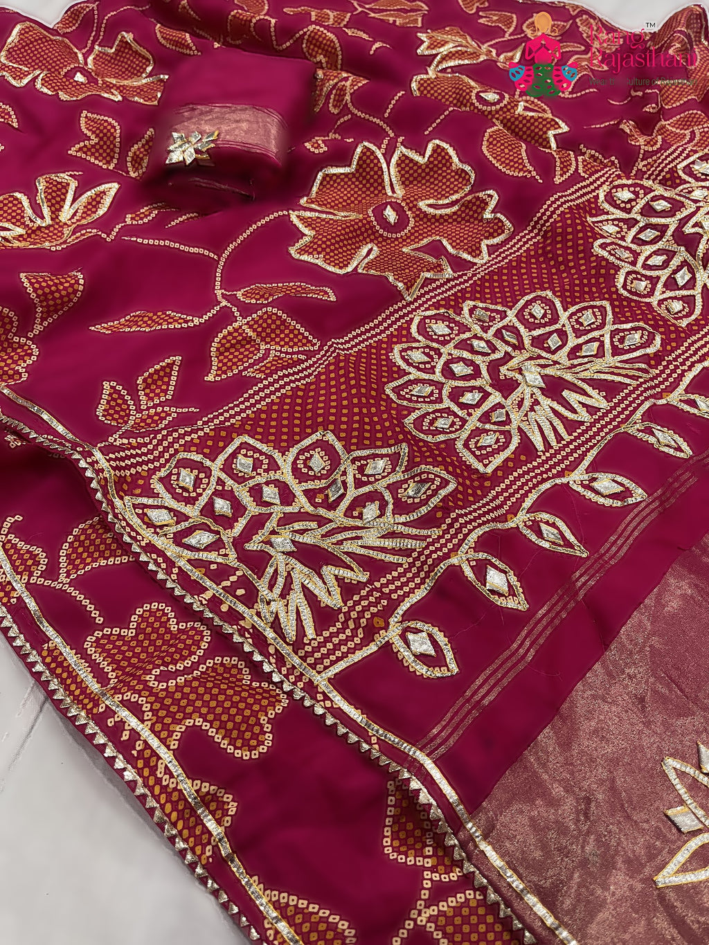 border detailing of rani pure Russian silk bandhani saree 