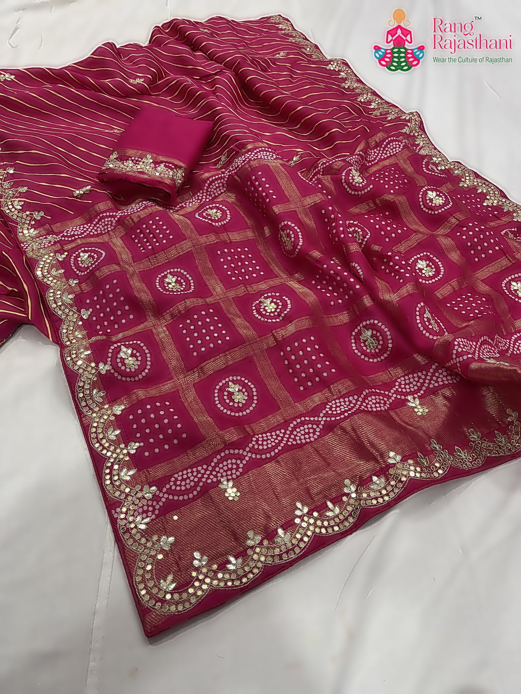 Rani Pink Pure Russian Silk Gota Patti Work Saree : Soft Balance