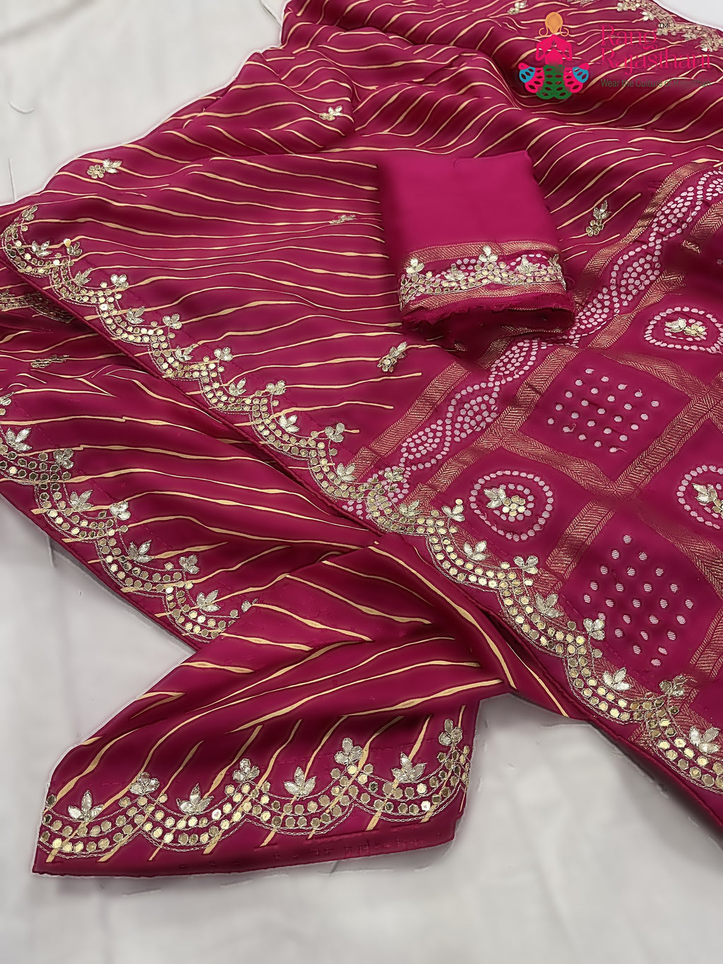 Rani Pink Pure Russian Silk Gota Patti Work Saree : Soft Balance