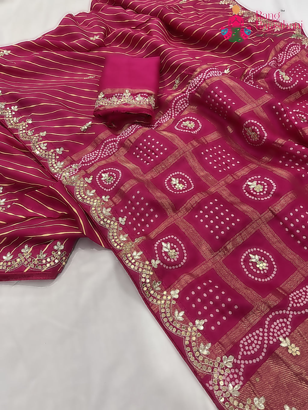 Rani Pink Pure Russian Silk Gota Patti Work Saree : Soft Balance
