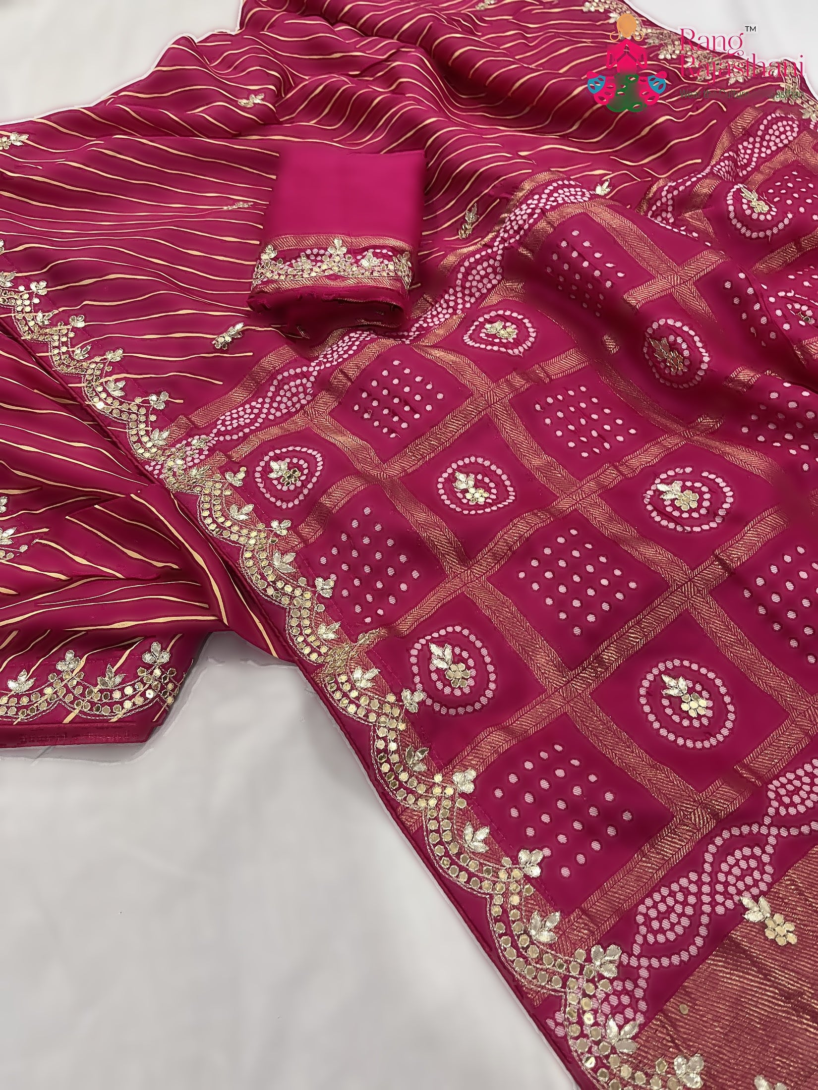 Rani Pink Pure Russian Silk Gota Patti Work Saree : Soft Balance