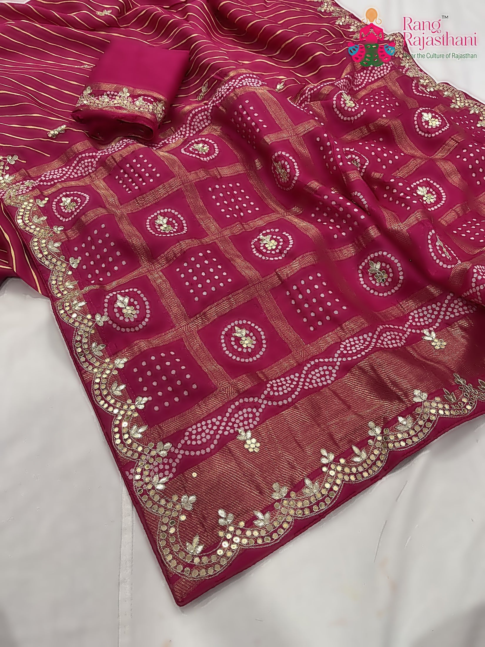 Rani Pink Pure Russian Silk Gota Patti Work Saree : Soft Balance