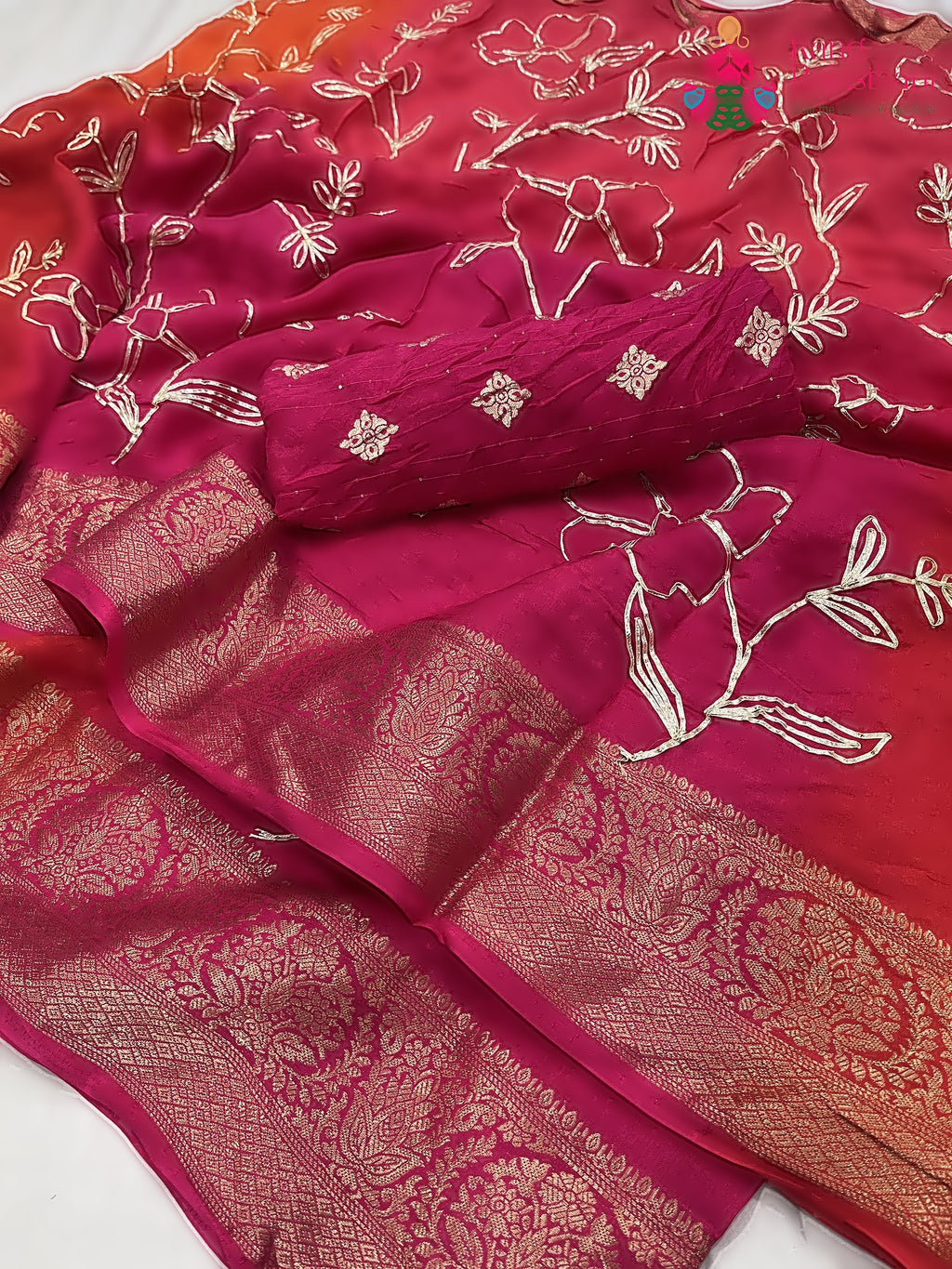 close up detailing of rani pure Russian silk gota patti saree 