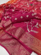 close up detailing of rani pure Russian silk gota patti saree 
