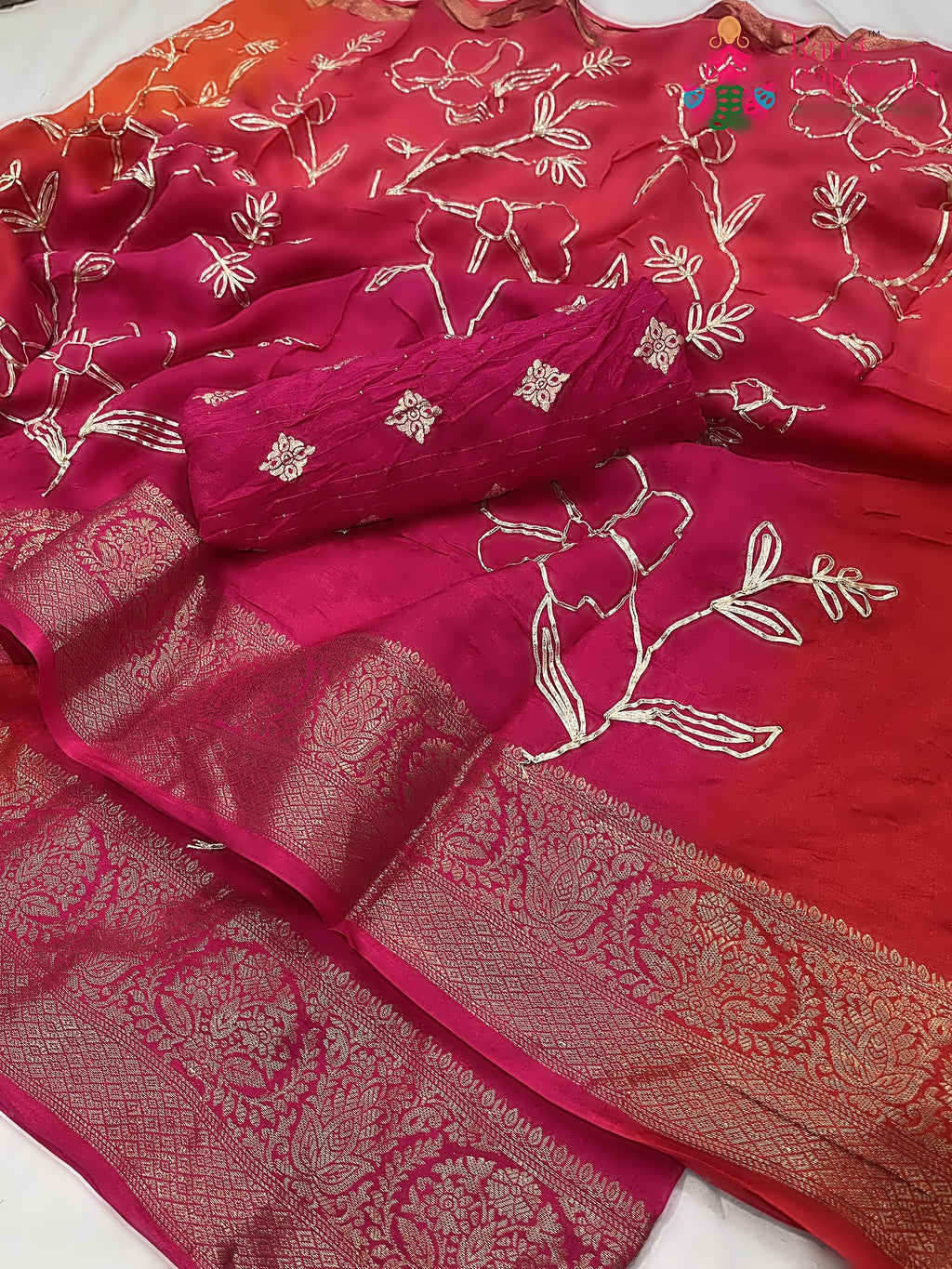 pallu detailing of rani pure Russian silk gota patti saree 