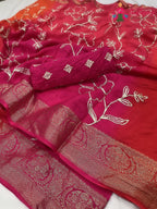 pallu detailing of rani pure Russian silk gota patti saree 