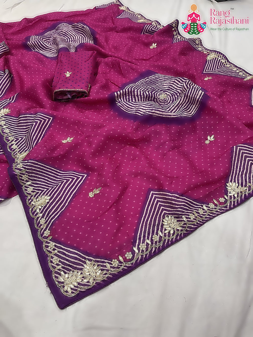 close up detailing of rani pure Russian silk gota patti saree 