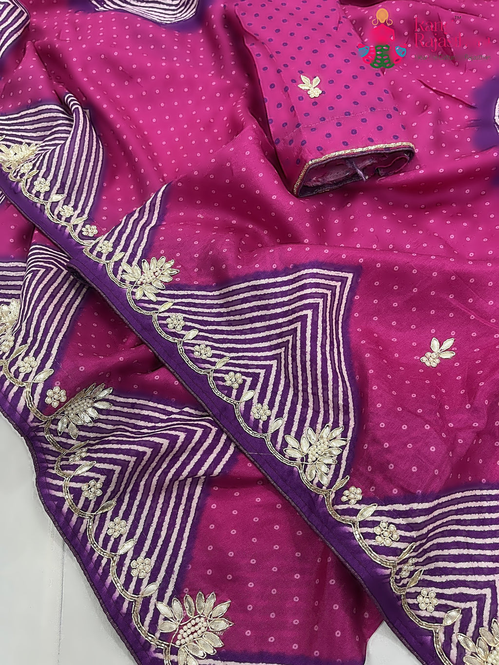 pallu detailing of rani pure Russian silk gota patti saree 