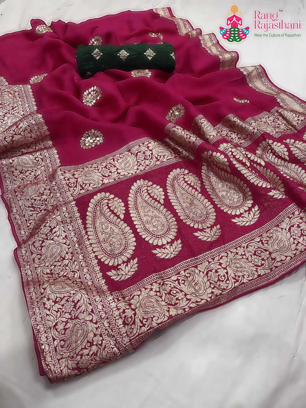 rani pure Russian silk gota patti saree for karwa chauth by Rang Rajasthani
