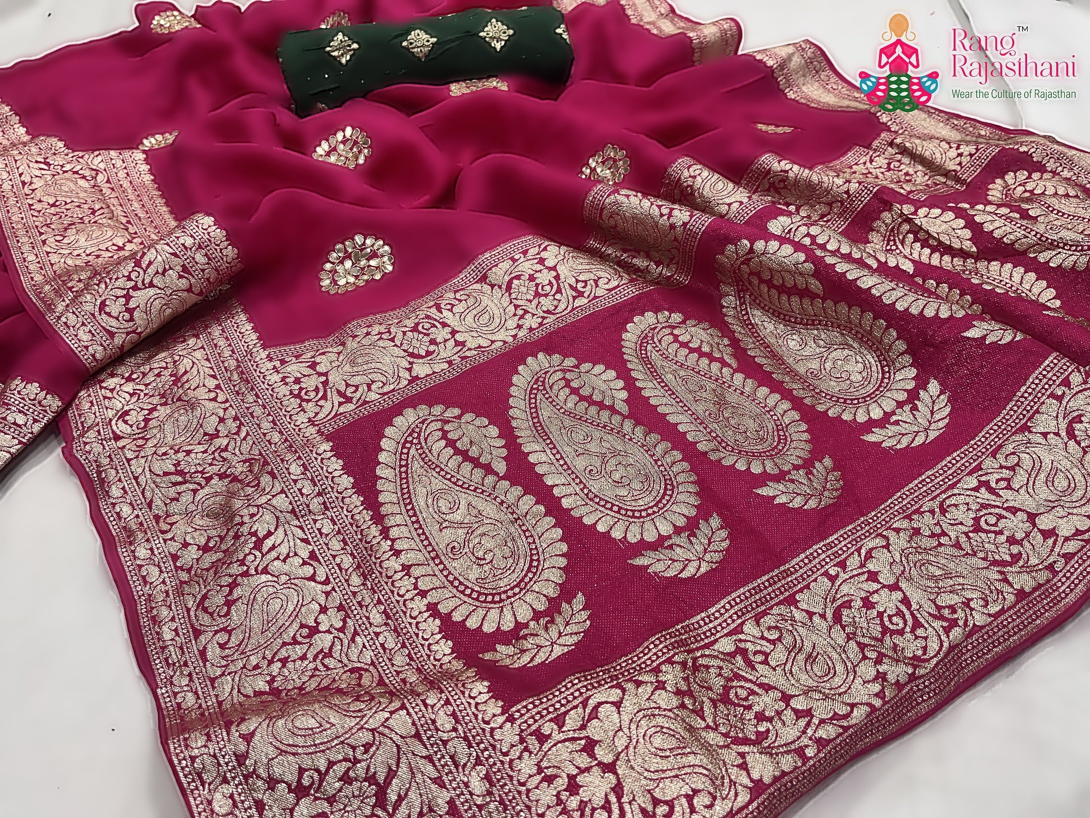 Rani Pink Pure Russian Silk Gota Patti Work Saree : Soft Poise